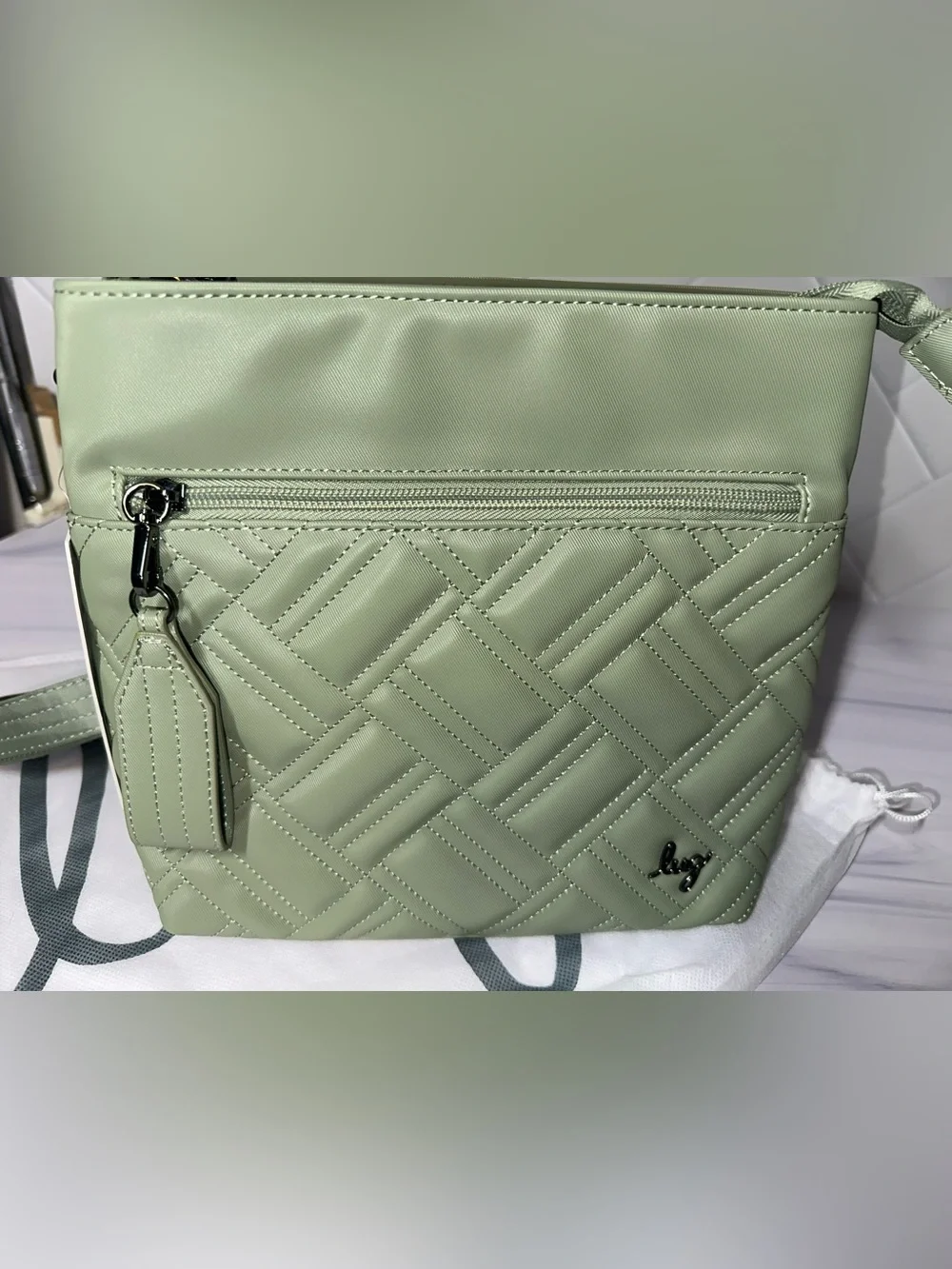 Lug Double Dip Satin Luxe Vegan Leather crossbody Sage Green / New!